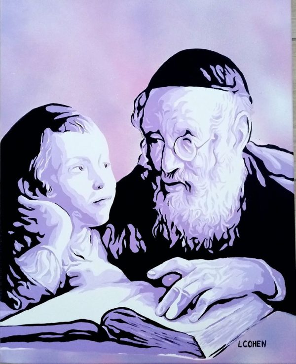 Tableau d'un homme religieux instruisant un enfant sur les textes sacrés
