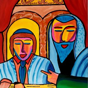 tableau représentant un garçon lisant la Torah lors de sa Bar Mitzvah