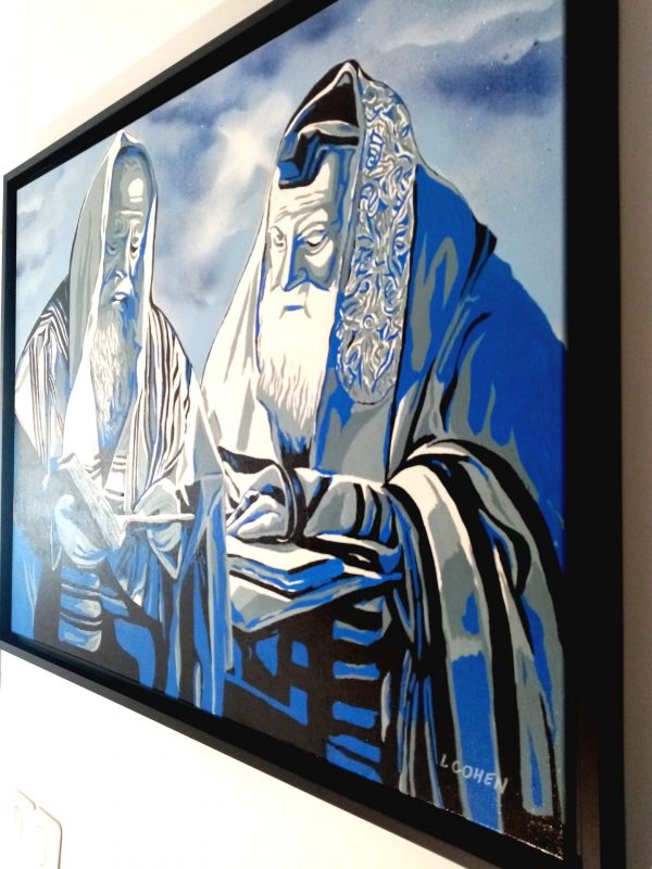 Tableau représentant deux hommes religieux étudiant la Torah vue de droite