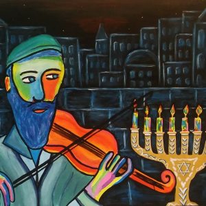 Peinture musicien pendant Hanoucah à Jerusalemen