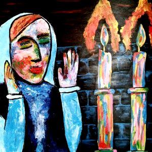 Peinture représentant une femme devant des bougies