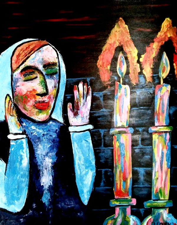 Peinture représentant une femme devant des bougies