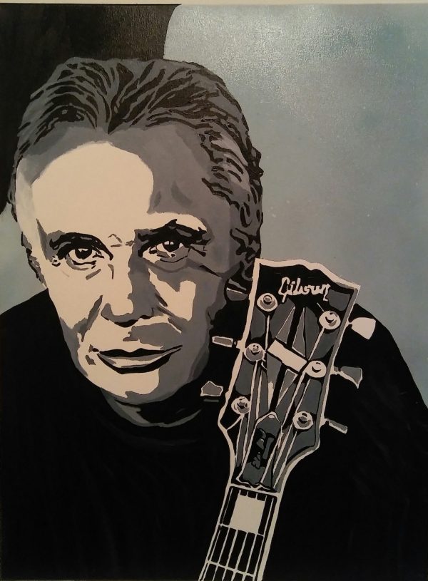 Portrait de Michel Sardou avec tête d'une guitare