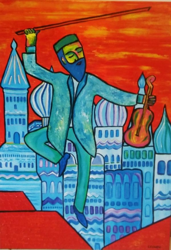Tableau d'un homme avec un violon qui danse sur les toits à Moscou