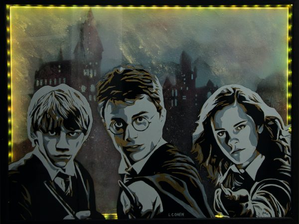 portraits de Harry Potter, Hermione et Ron sur tableu éclairé par leds et phosphorescent