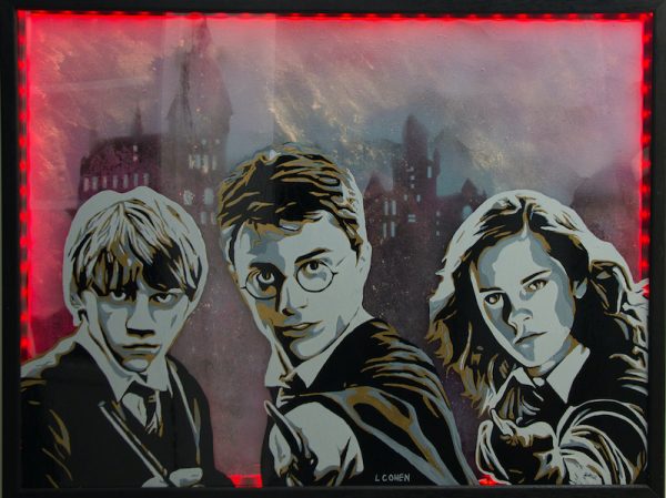 Portrait de Harry Potter, Hermione et Ron sur tableau éclairé par leds et phosphorescent.