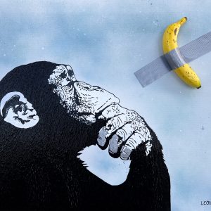 Singe regardant une banane scotché